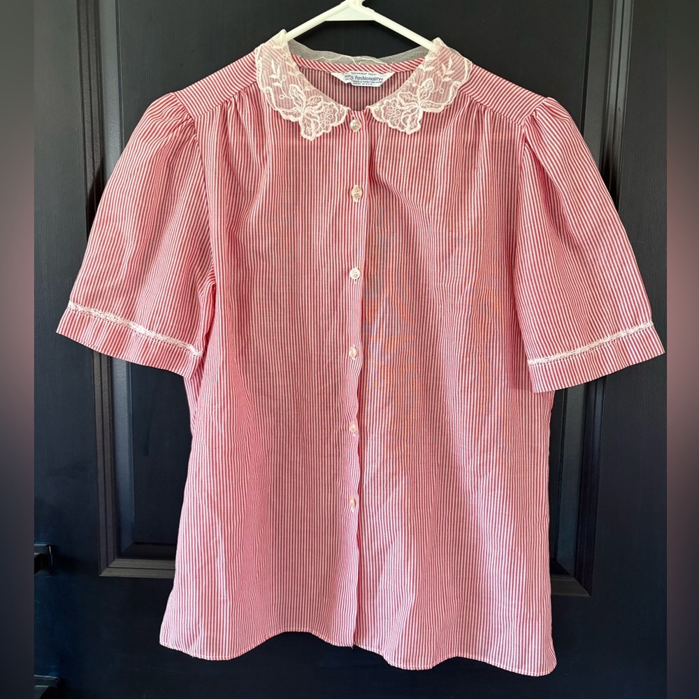 VTG 70s Miss Fashionality Short Sleeve Blouse Peter Pan Lace Collar Trim Rare